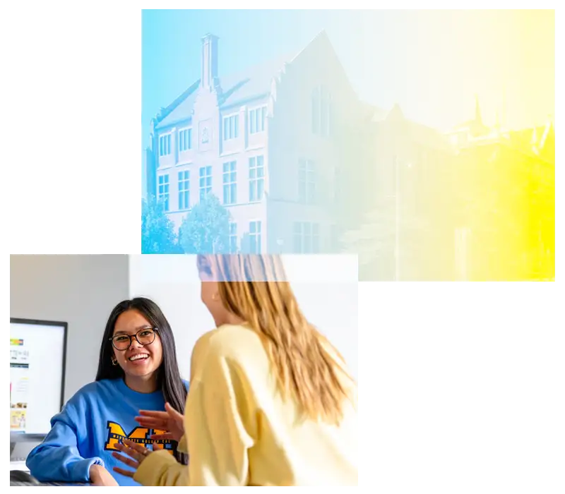 collage of a building and students talk