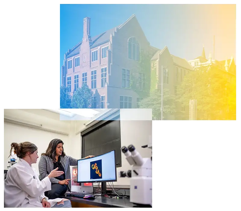 collage of a building and faculty member talking to student