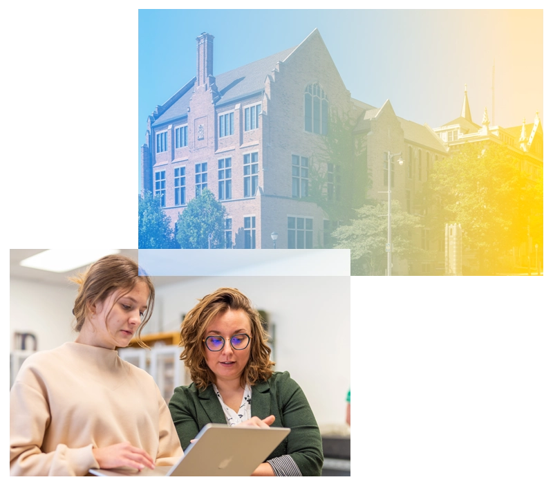 collage of a building and faculty member talking to students