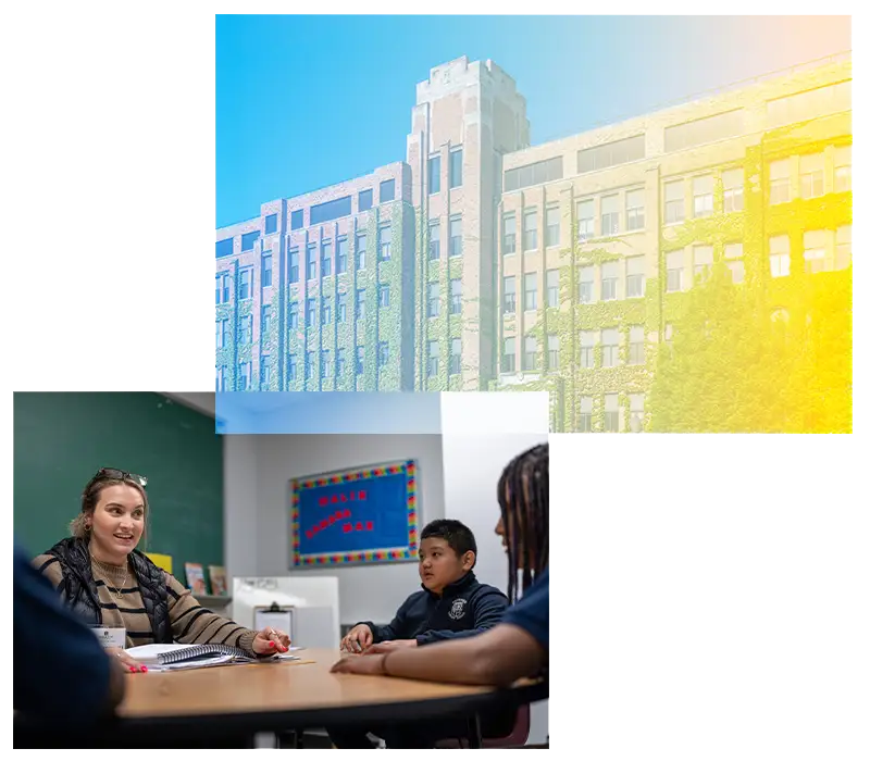 Collage image of the Schroeder Health and Education Complex and students in a classroom. 