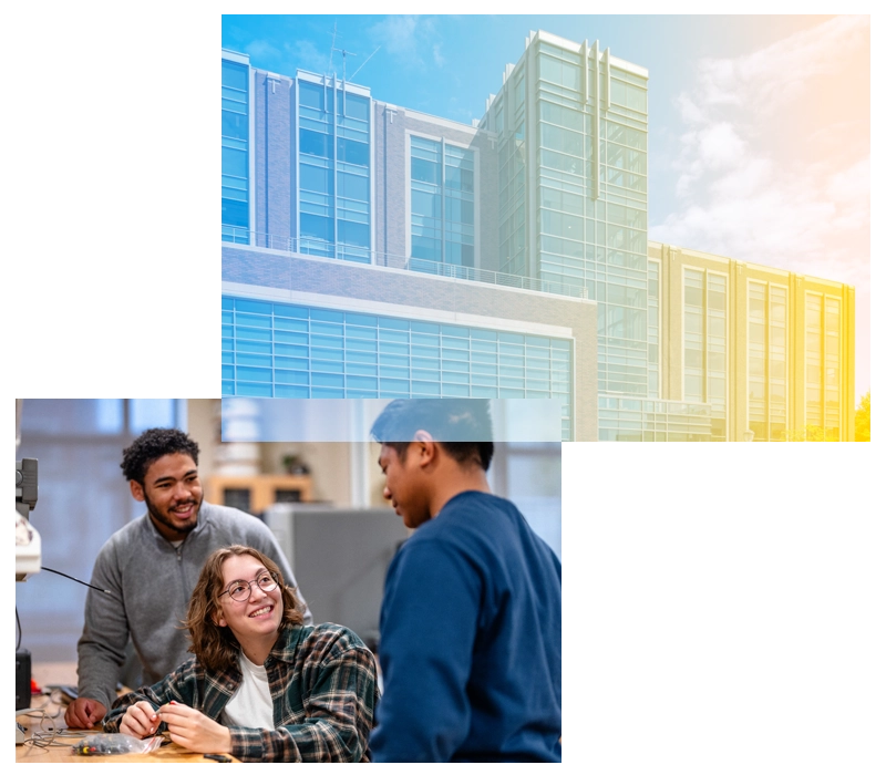 Collage of Engineering Hall and a student working in a lab with an instructor.