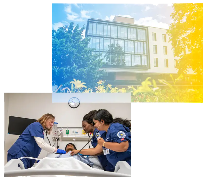 Collage image of the new nursing building and students in a simulation lab, working on a nursing manikin.. 