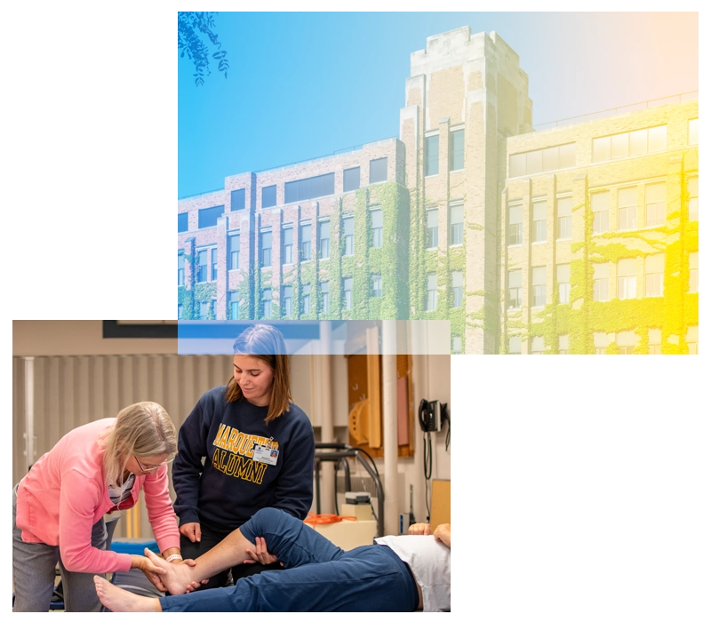 collage of a building and students working with a patient