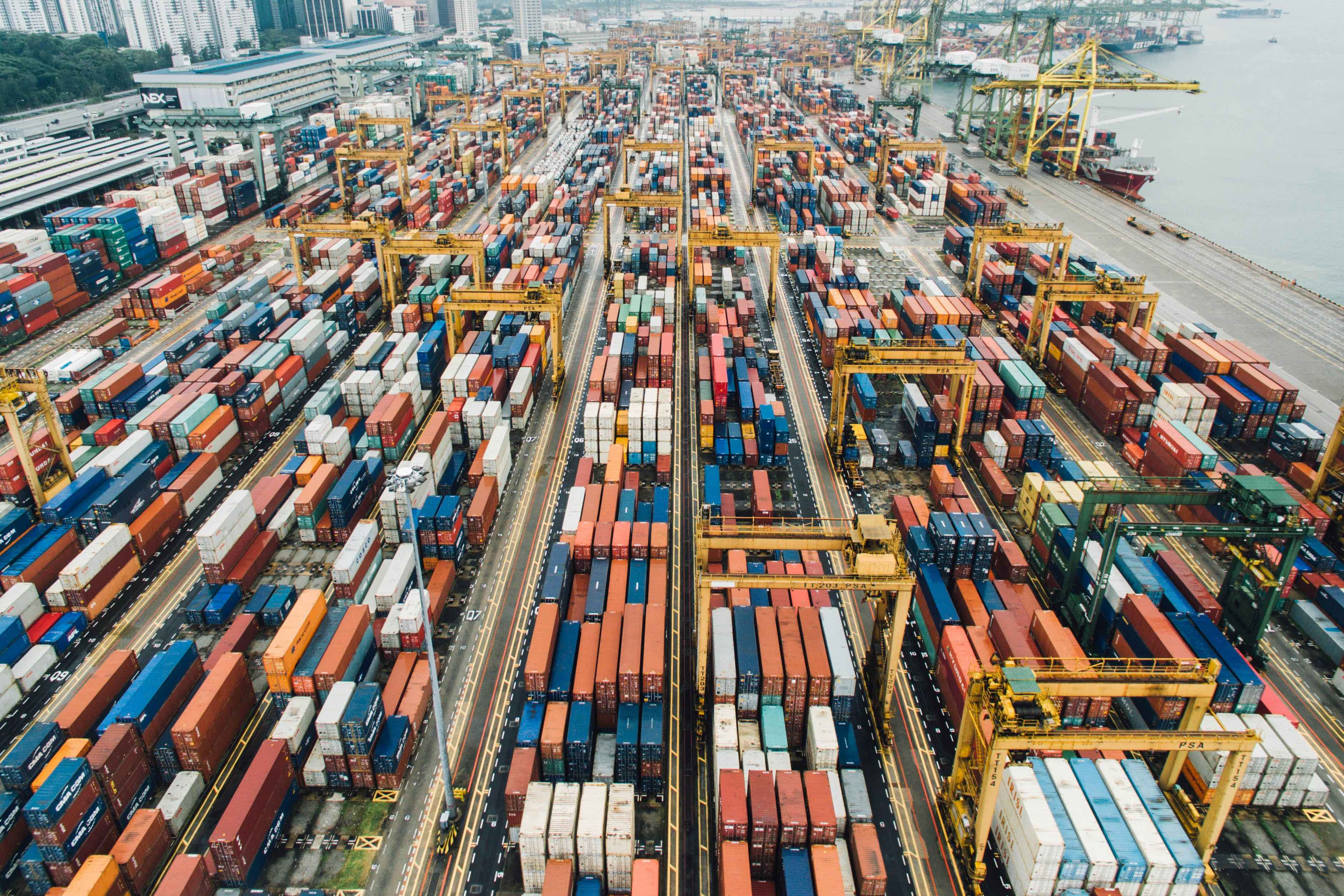 An active port full of shipping containers.