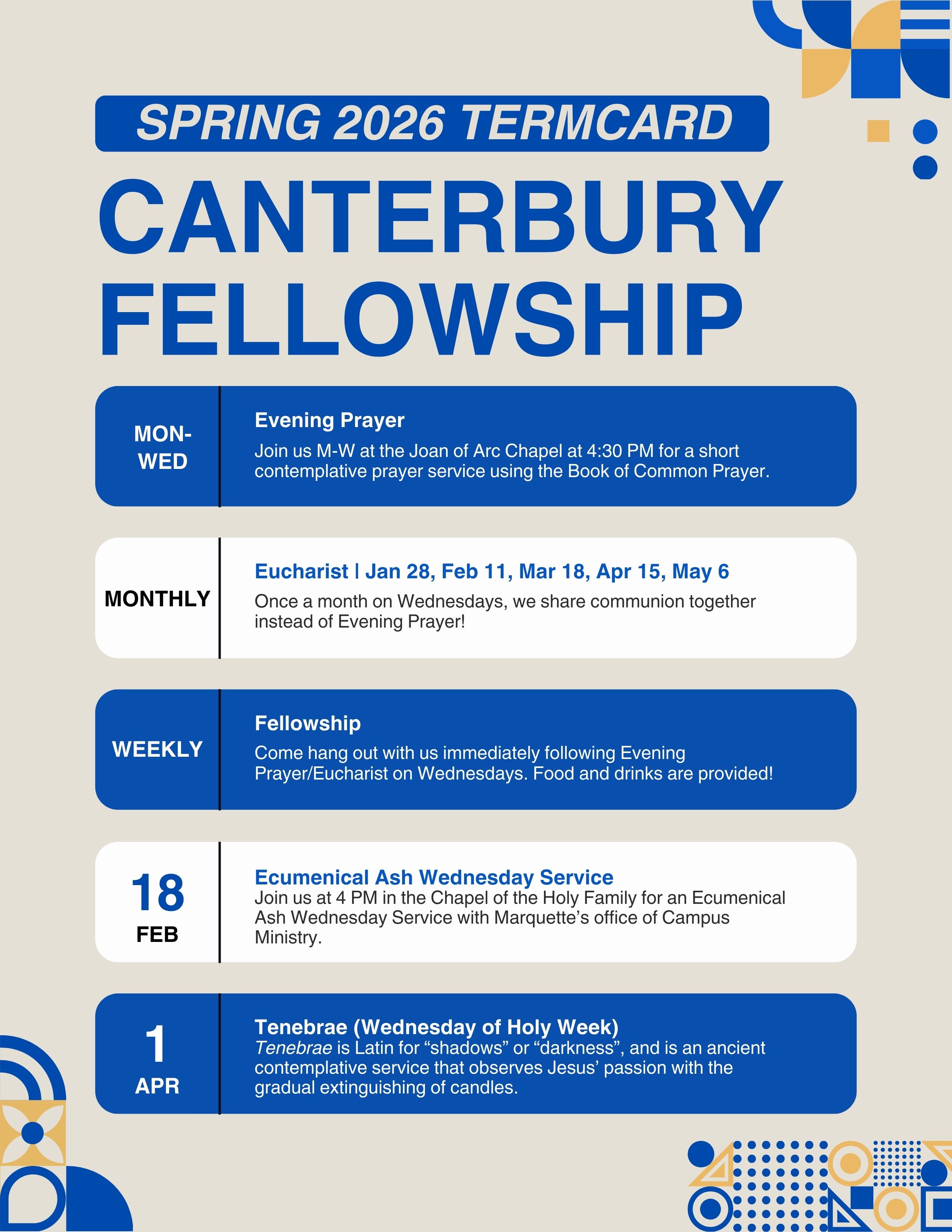 MU Canterbury Fellowship Schedule