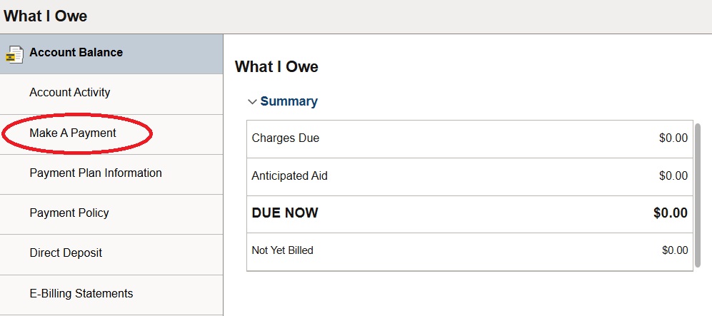 Student Account Menu
