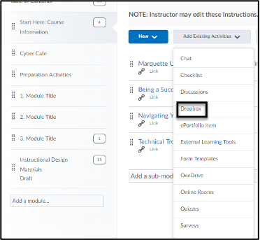 Dropbox from content area