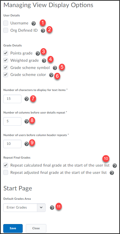 Gradbook display options