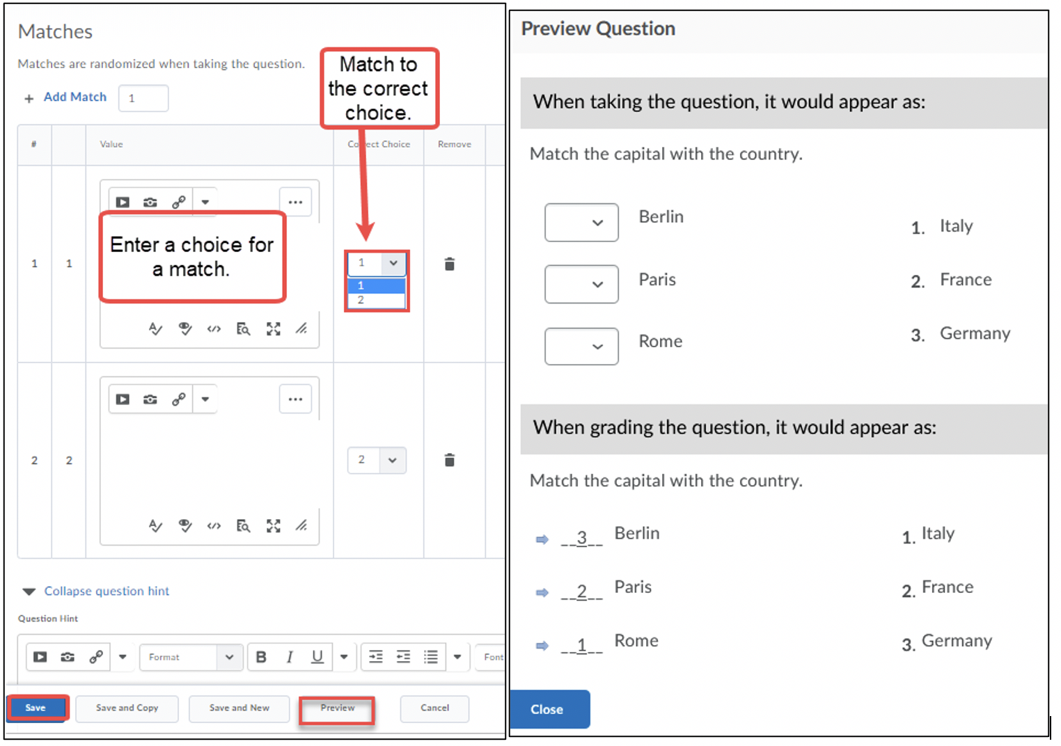 Matching question preview