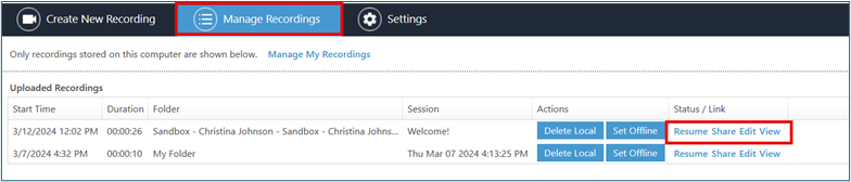 Manage Recordings Tab