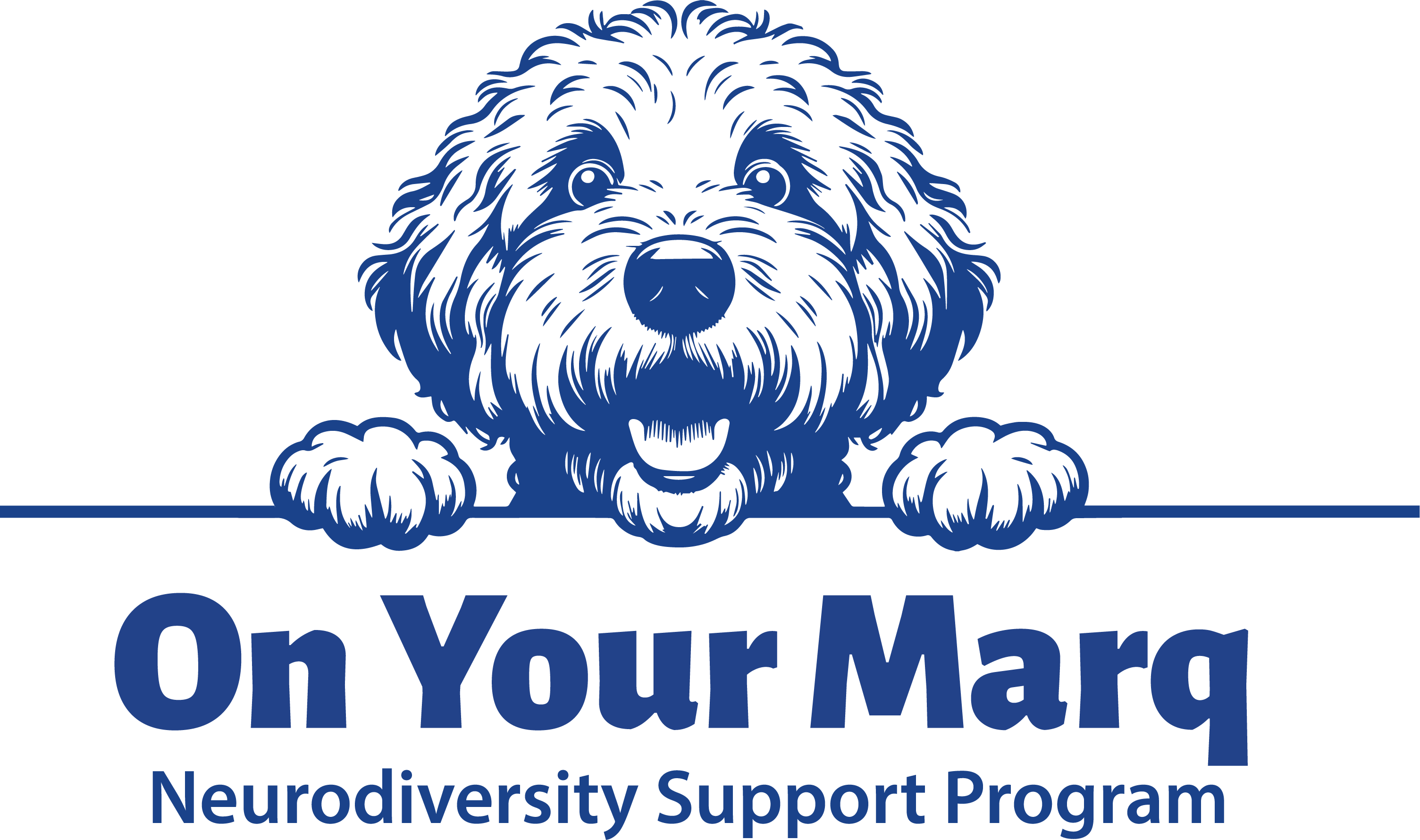  This image contains the logo for the "On Your Marq Neurodiversity Support Program." It features a playful depiction of a fluffy dog with a friendly face, looking directly at the viewer, with its paws resting on a line. The dog has a detailed, shaggy fur design and a joyful expression. Below the dog illustration, the program's name "On Your Marq" is written in large, bold blue letters, with the phrase "Neurodiversity Support Program" written beneath in a smaller font. The overall tone of the logo is inviting and supportive, emphasizing friendliness and approachability