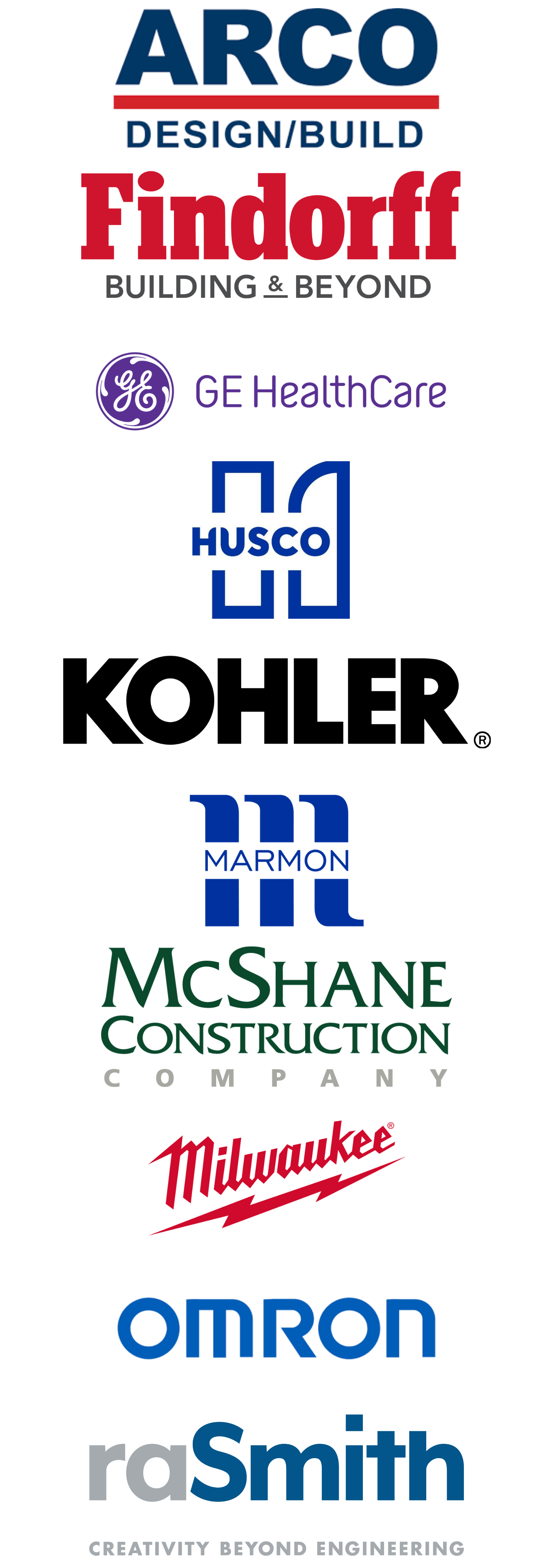 logos of ARCO, Findorff, Husco, GE HealthCare, Kohler, Milwaukee Tool, McShane Construction Company, Marmon Holdings, Omron, raSmith