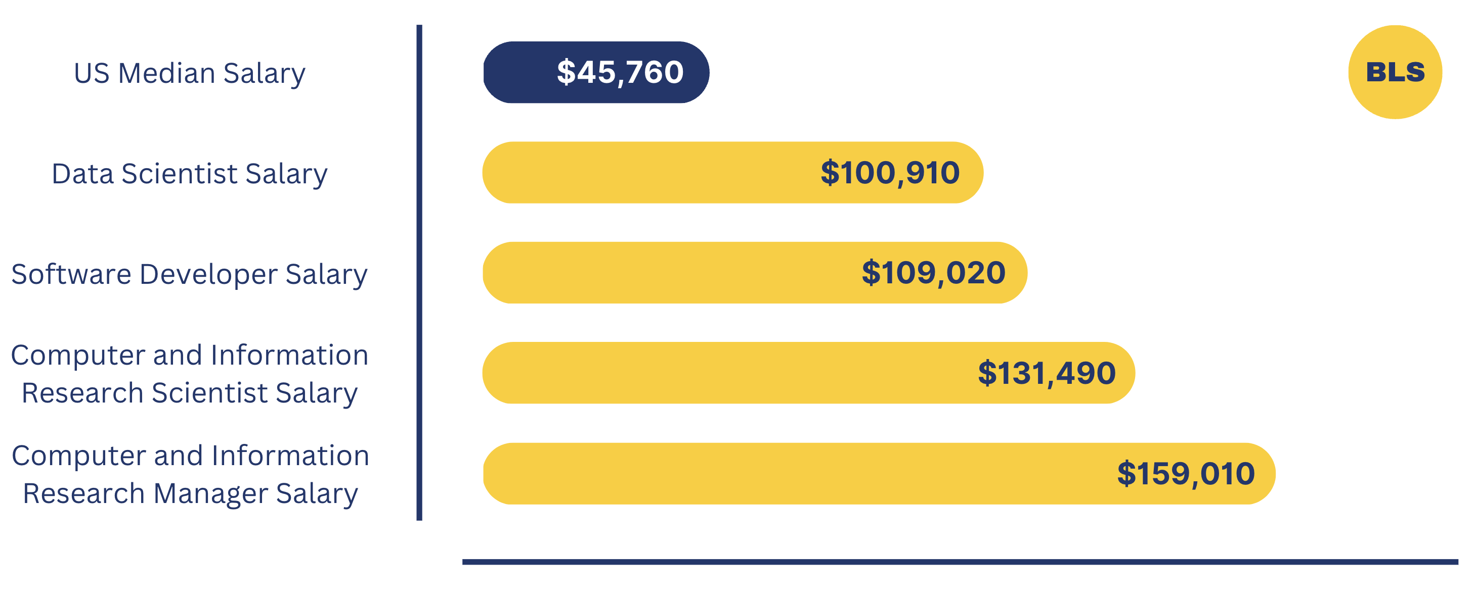 Salery chart: Data Scientist = $100,910; Software Developer = $109,020; Computer and Information Research Scientist = $131,490; Computer and Information Research Manager = $159,010 