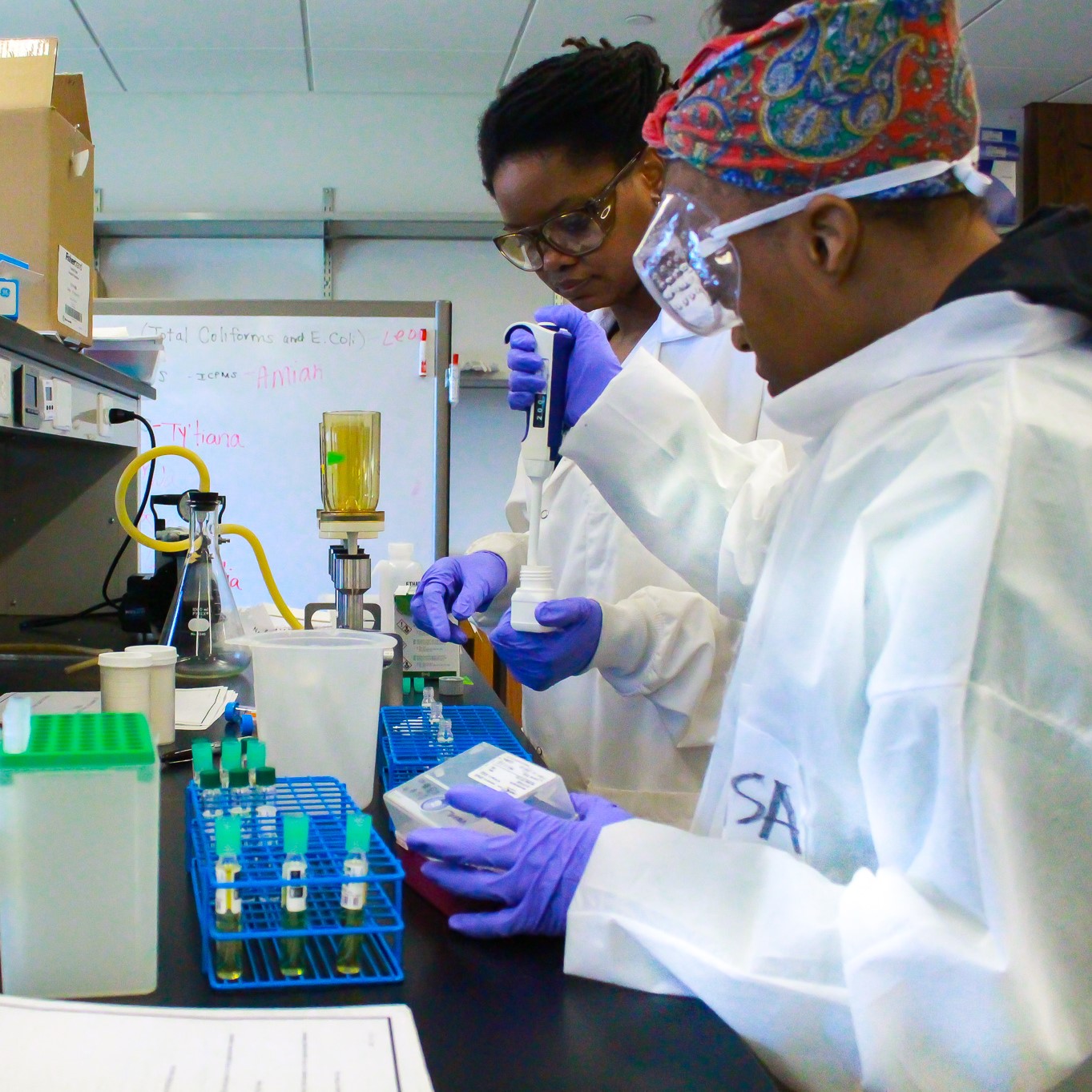 Dr. Young helps a student on a project at the Global Water Center.