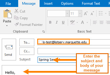 Enter the list name @listser.marquette.edu in the To: field