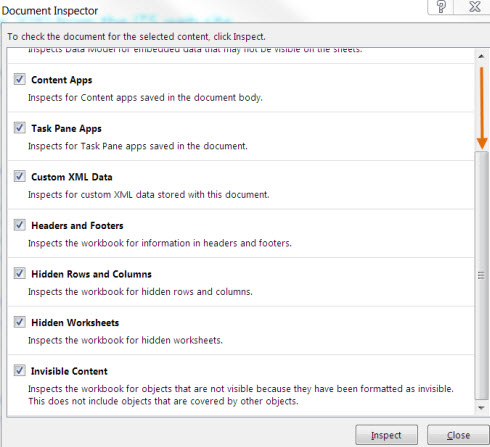 Excel Document inspector window.