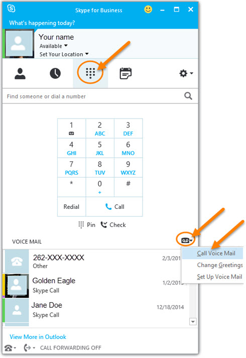 Click phone > Voice Mail options >Calll voice mail.