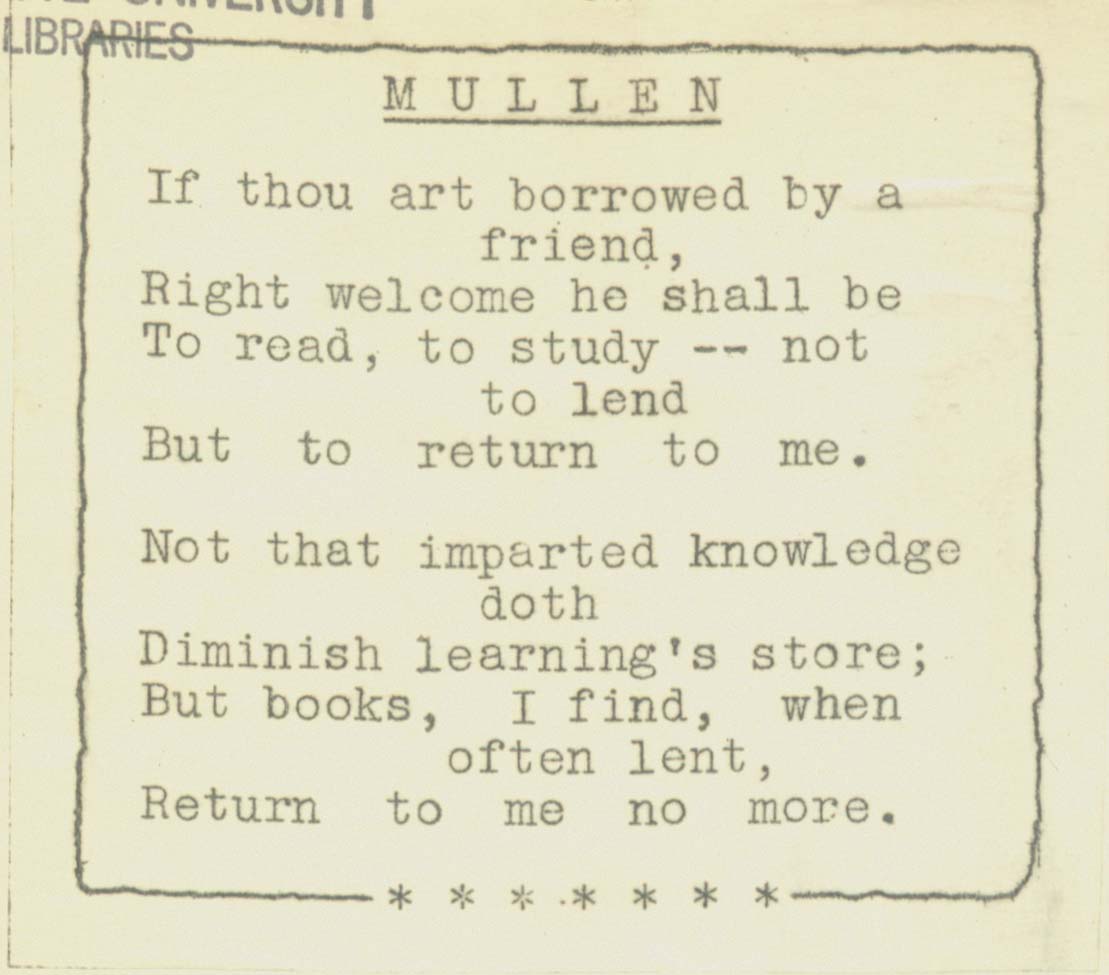 bookplate featuring simple typed text with doggerel and the name Mullen