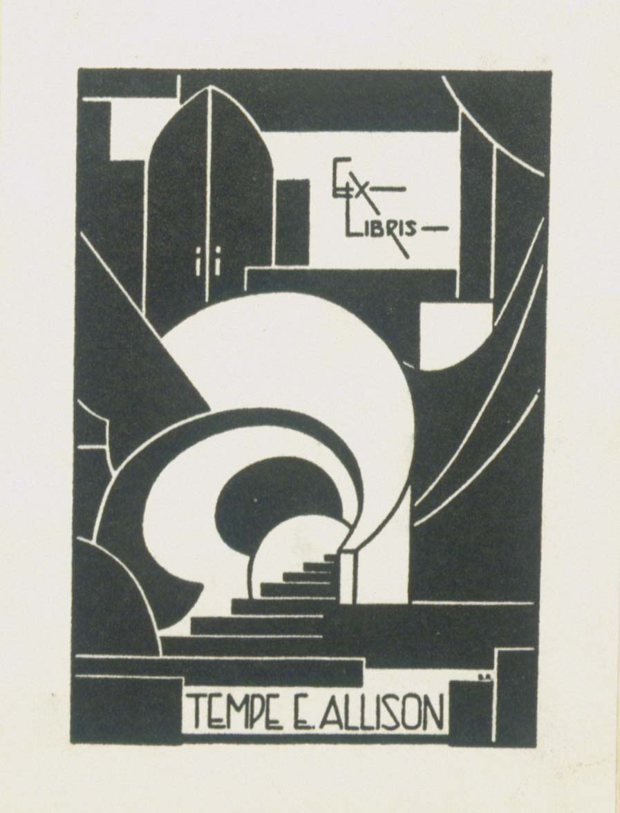 bookplate in a modernist illustrative style imprinted with the name Tempe E Allison