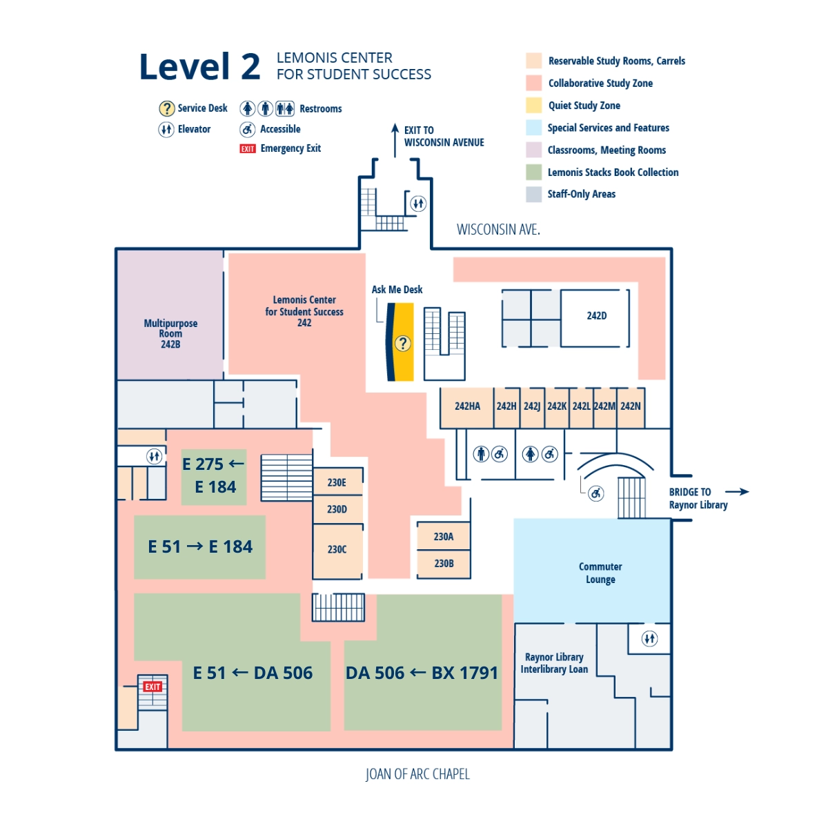 Map of second floor of Lemonis Center for Student Success