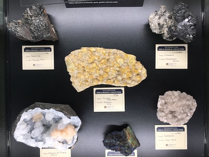 Noll Exhibition several mineral specimens in a glass exhibition case