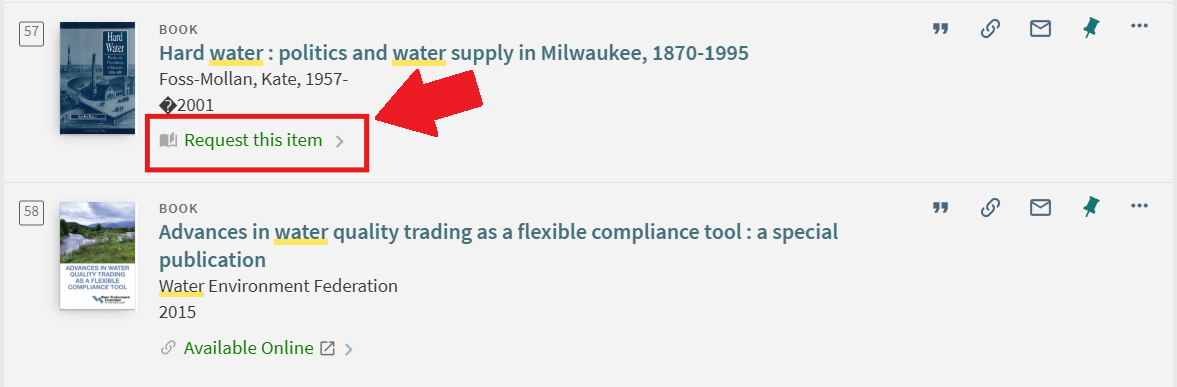 Screenshot of search results with Request this item link