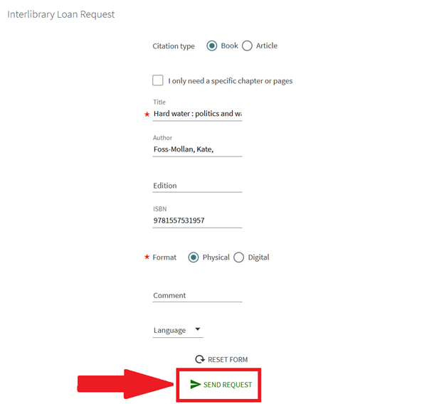 Screenshot of Interlibrary Loan Request form prefilled
