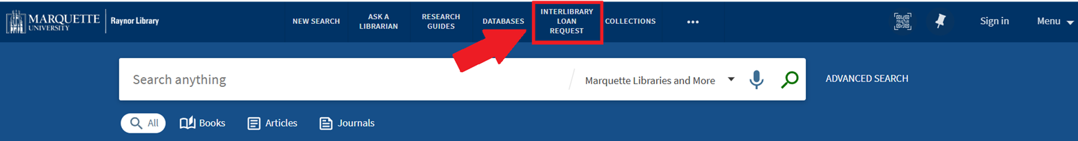Screenshot of Interlibray Loan Request link in menu of Library Search