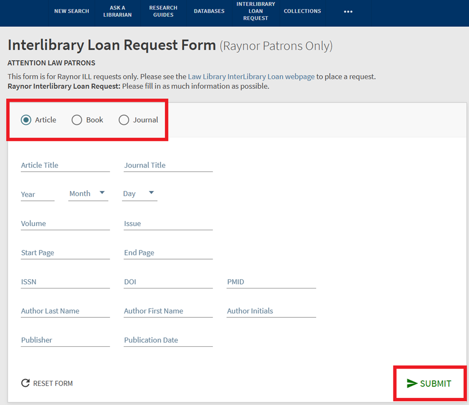 screenshot of interlibrary loan request form with item types highlighted