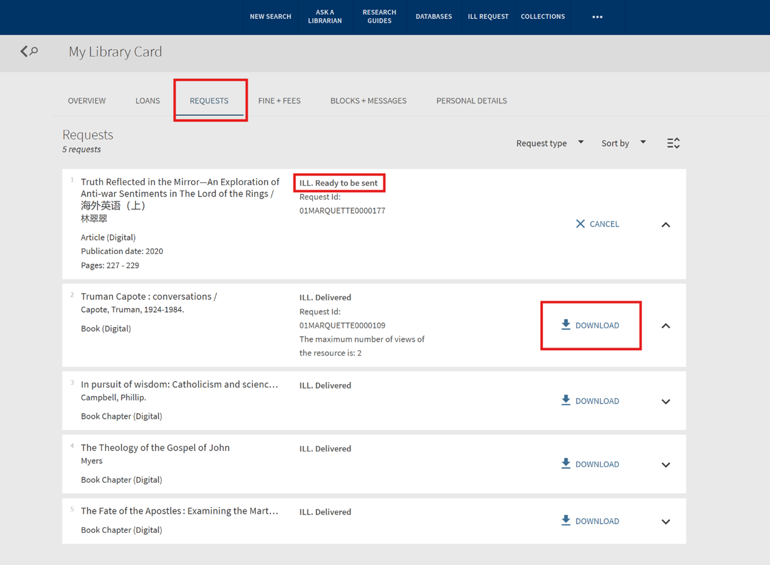 Screenshot of download options in library account