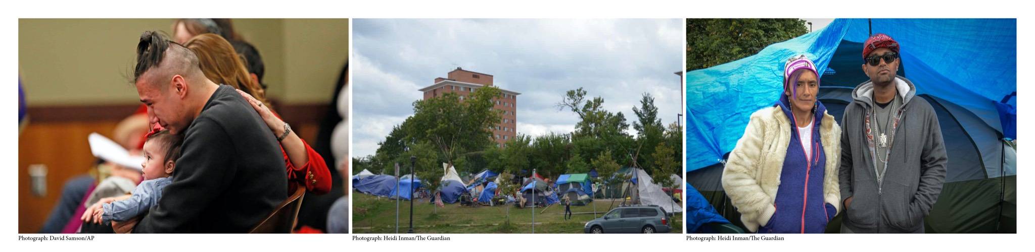 Pictures that represent Monet's work on Missing and Murdered Native Americans. Father and daughter in courtroom. Tents outside. Two Native Americans standing outside.