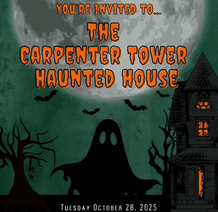 poster for the carpenter tower hounted house, image of a ghost and haunted house against a full moon